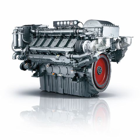 Yanmar 12AYM high-speed marine diesel engine, front three-quarter view on white background